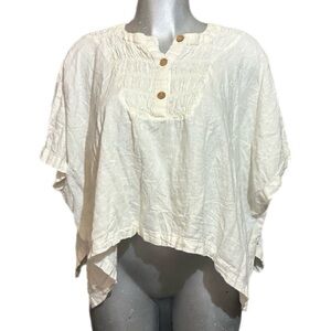 Calligraphie Lagenlook Henley Top Sz Small White Boxy Fit Linen Blend Oversized